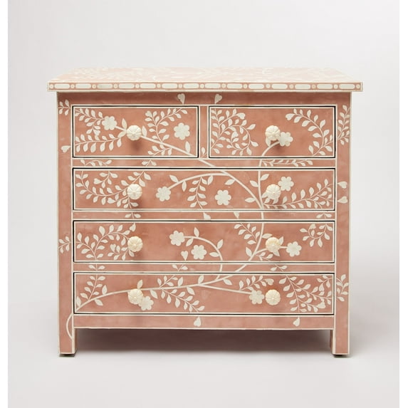 Rose Pink Bone Inlay Chest of 5 Drawers, Bone inlay dresser, bone inlay vanity, Boen inlay commode, bone inlay furniture