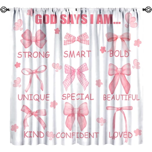 Rose Pink Bow Curtains, God Says I Am Inspirational Quotes Pink Heart Flowers Coquette Aesthetic Window Drapes for Girls Princess Bedroom Party, 55" W X 39" L