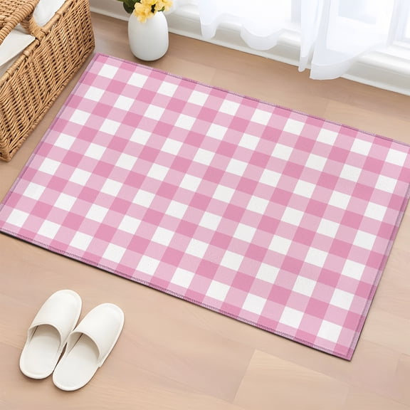 Rose Pink Checks 2'x3' Rug for Entryway Front Door Kitchen Sink Area, Gingham Plaid Abstract Modern Minimalist Low Pile Washable Non Slip Rectangle Area Rug