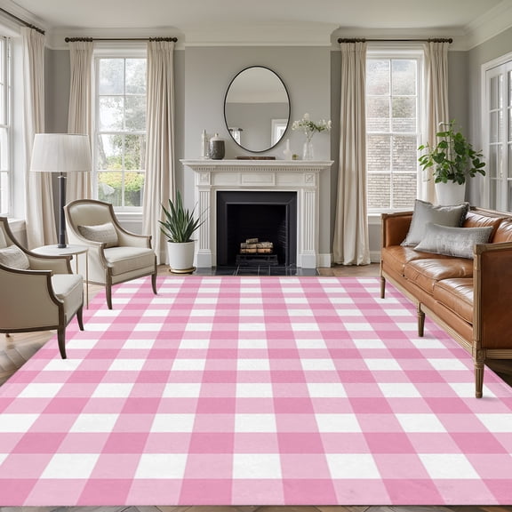 Rose Pink Checks 8'x10' Large Area Rug for Living Room Sectional Sofa, Gingham Plaid Abstract Modern Minimalist Washable Non Slip Low Pile Rectangle Area Rug