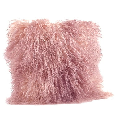 Rose Pink Color Real Mongolian Lamb Fur Pillow, Includes Pillow Filling.  20 Inch  Square