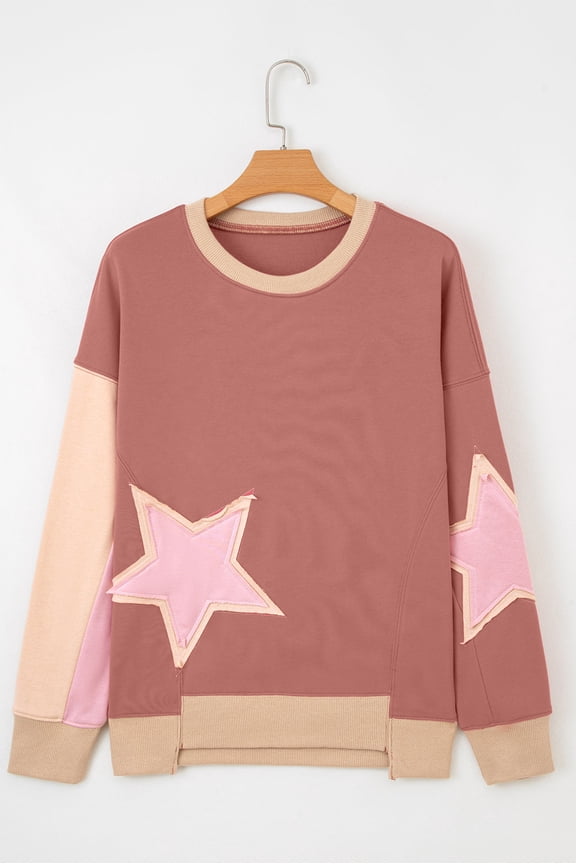 Rose Pink Contrast Star Patchwork Exposed Seam Uneven Hem Drop Shoulder Sweatshirt