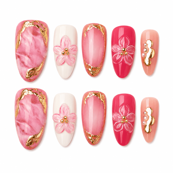 Rose Pink Floral Press on Nails, Medium Almond Glossy False Nails with Gold Accent, 10 Count