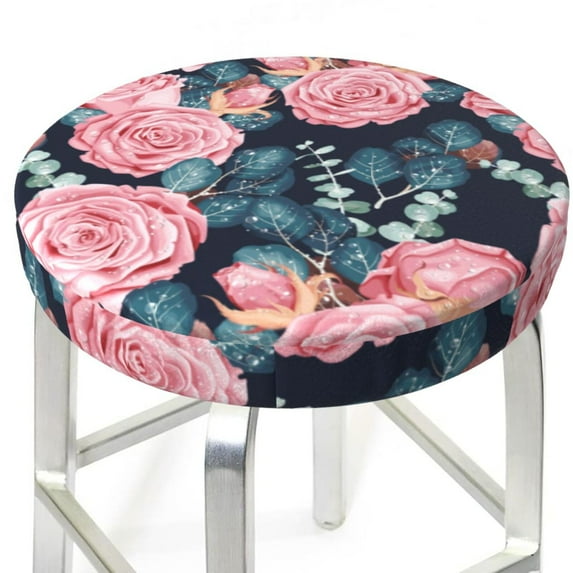Rose Pink Flowers Round Bar Stool Seat Covers, Elastic Round Chair Cover Stool Seat Slipcover Bar Stool Cushions Round Pad for 12-14 inch