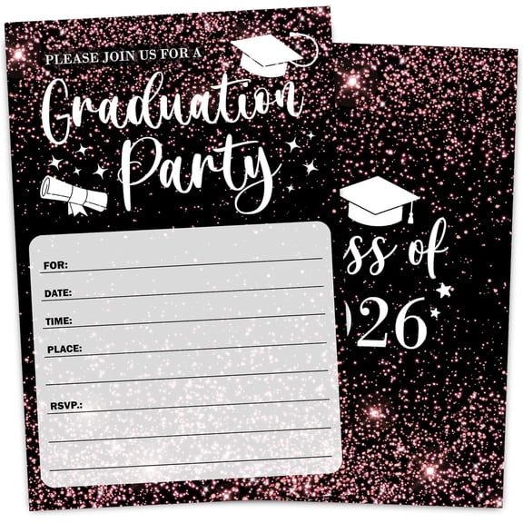 Rose Pink Glitter Graduation Invitation Card for Graduate, Rose Pink Glitter Graduation Party Invites, 30 Cards & 30 Envelopes, 4x6 Inches, Double-Sided