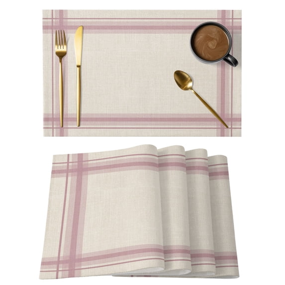 Rose Pink Grid Lines Placemats Set of 4 Boho Minimalist Stripes Texture Beige Place Mats Indoor Wipeable Table Mats Washable Cloth Dining Table Placemats for Kitchen Holiday Party Decor 13x19 Inch