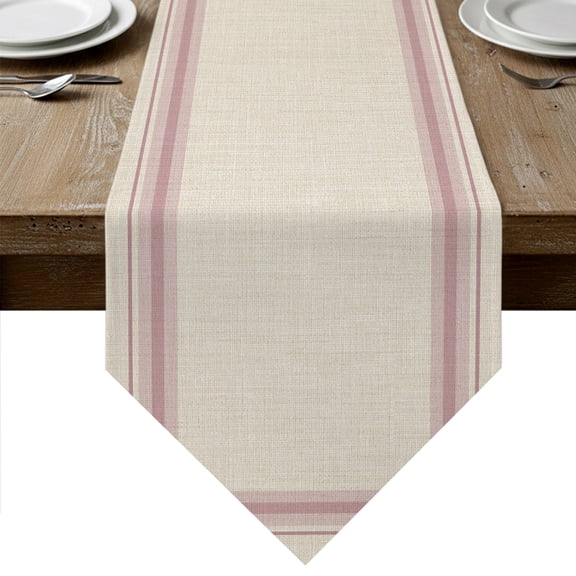 Rose Pink Grid Lines Table Runner Linen Burlap Table Runner 36 Inches Small Boho Minimalist Stripes Texture Beige Dresser Scarves for Kitchen Island Coffee Dining Room Party Holiday Decor 13"x36"