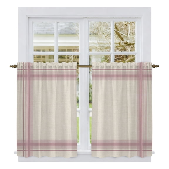 Rose Pink Grid Lines Tier Curtains 54 Inch Length, Boho Minimalist Stripes Texture Beige Cafe Short Curtains for Bathroom Over Sink, Small Kitchen Curtain Light Filtering Drapes 2 Panels 27.5"Wx54"L