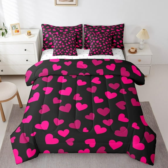 Rose Pink Hearts Bed Set in a Bag 7 Pcs,Romantic Valentine's Day Theme Bedding Set,Chic Love Hearts Fashion Rose Pink Black Comforter with Fitted,Flat Sheet,Pillowcase,Pillow Covers,Twin