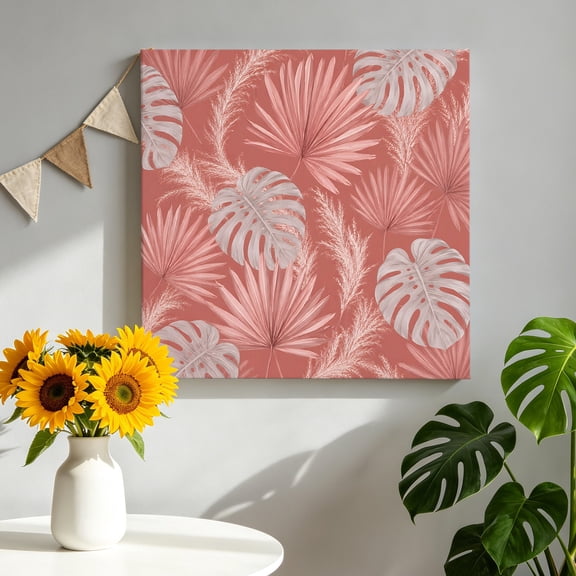 Rose Pink Monstera Canvas Wall Art, Palm Layered Jungle Leaf Organic Ribs Framed Canvas Wall Decor Picture Print Artwork Decorations for Living Room Office Ready to Hang 8" x 8"