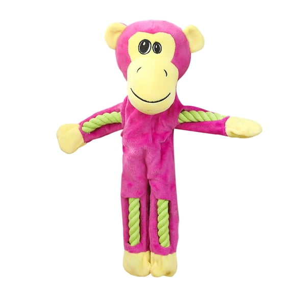 Rose Pink Plush Dog Toy Monkey Shape with Built-in Cotton Rope for Interactive Chewing Play