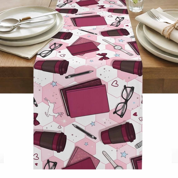 Rose Pink Red Coffee Books Table Runner Modern Cute Stationery Tablerunners 13 x 48 Inch, Table Decorations Tabletop Scarf for Summer Gathering Holiday Farmhouse Kitchen Dining Decor