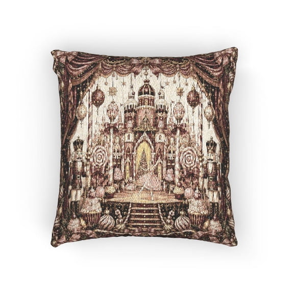 Rose Pink and Burgundy Nutcracker Ballet Castle Decorative Woven Pillow, Cotton-Polyester Shell, Holiday Decor