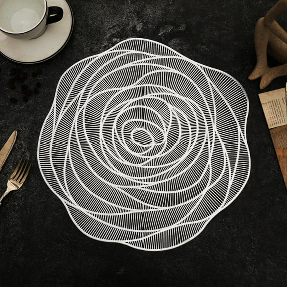 Rose Placemats, Pressed Vinyl Flower 15 inch Round Place Mats Non-Slip Washable Wipeable Dining Table Mates Indoor Decor for Wedding Party Holiday Valentine (Silver)