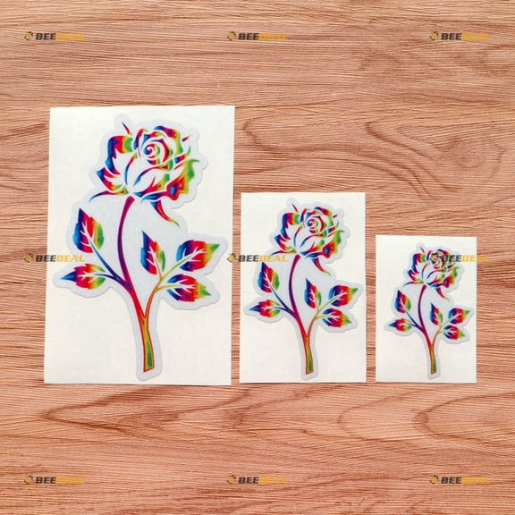 Rose Plant Leaves Rainbow Color Vinyl Decal Sticker - 3 Pack Reflective, 3 Inches, 4 Inches, 6 Inches - for Car Laptop Window Cup