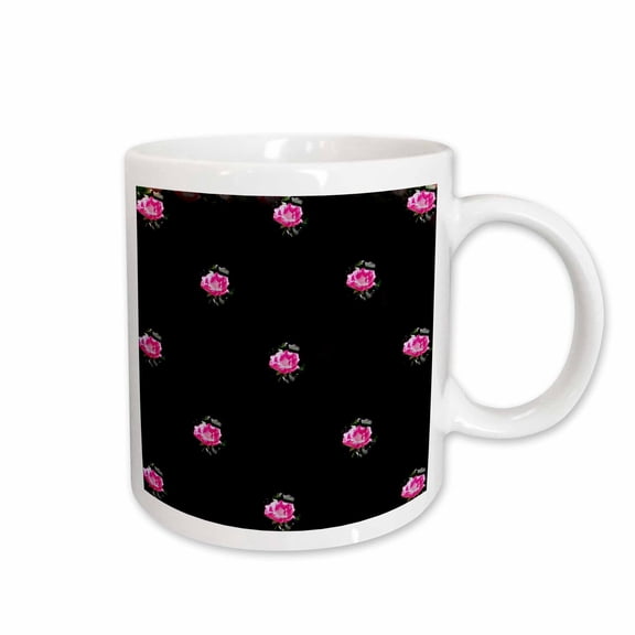 3drose, Rose Polka Dots, Small Pink Rose Blossoms Make Up a Colorful Pink Pattern Against Black Background, 11oz Mug