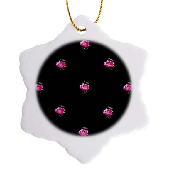 3drose, Rose Polka Dots, Small Pink Rose Blossoms Make up a Colorful Pink Pattern Against Black Background, 3 inch Snowflake Porcelain Ornament