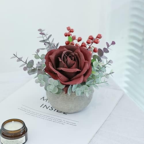 Rose in Pot Decor Potted Artificial Flowers Mini Plants Faux Flowers Indoor Small Decor Fake Roses for Home, Bathroom, Kitchen, Offices, Wedding Party Centerpieces (Burgundy)