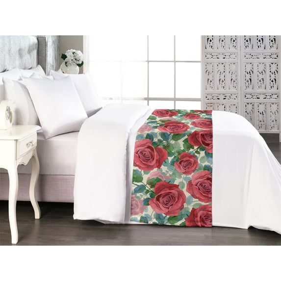 Rose Print Bed Runner, Watercolor Themed Romantic Garden of Blooming Petals and Leaves, Decorative Accent Bedding Scarf for Hotels Homes & Guest Rooms, Queen, Dark Pink Green and Blue, by Ambesonne