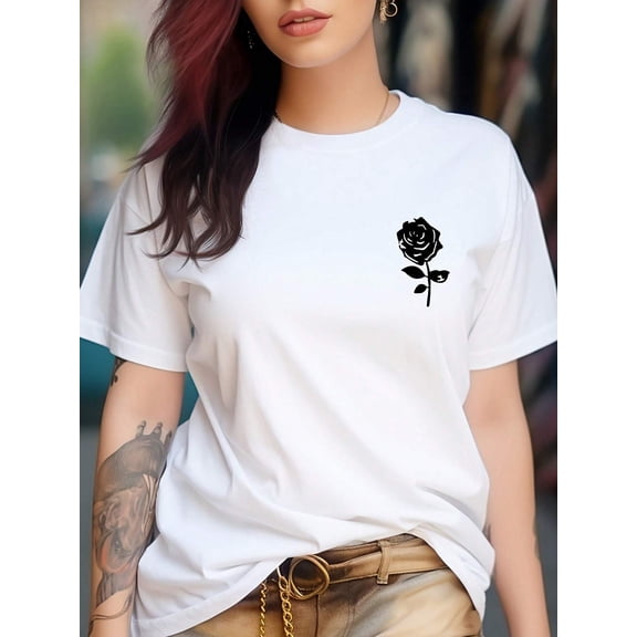 Rose Print Crew Neck T-Shirt, Casual Short Sleeve T-Shirt For Spring & Summer, Women's Clothing