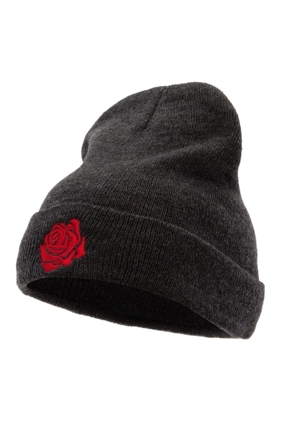 Rose Print Embroidered 12 Inch Long Knitted Beanie - Heather Charcoal OSFM