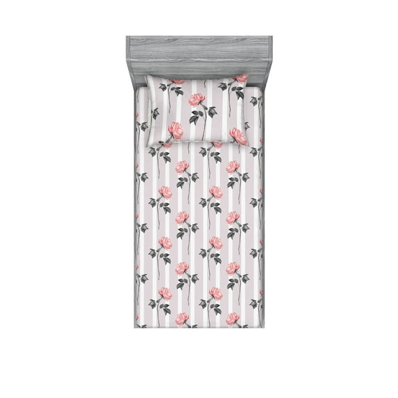 Rose Print Fitted Sheet & Pillow Sham Set, Romantic Delicate Flowers of Love on Neutral Vintage Striped Backdrop, Decorative Printed 2 Piece Bedding Decor, Twinxl, Grey and Pale Pink, by Ambesonne