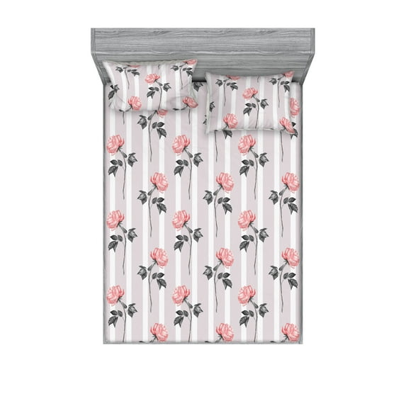 Rose Print Fitted Sheet & Pillow Sham Set, Romantic Delicate Flowers of Love on Neutral Vintage Striped Backdrop, Decorative Printed 3 Piece Bedding Decor, Queen, Grey and Pale Pink, by Ambesonne
