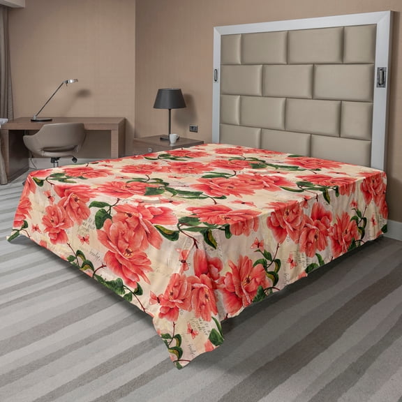 Ambesonne Rose Print Flat Bedding Sheet Soft Top Sheet, English Flowers Romantic, Queen, Dark Coral Forest Green