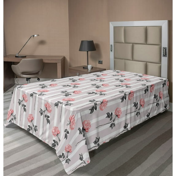 Ambesonne Rose Print Flat Bedding Sheet Soft Top Sheet, Romantic Love Flowers, Twin, Grey and Pale Pink