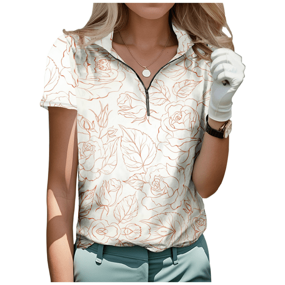Rose Print Half Zip T-shirt Women's Stand Collar Short Sleeve Casual Golf Shirt