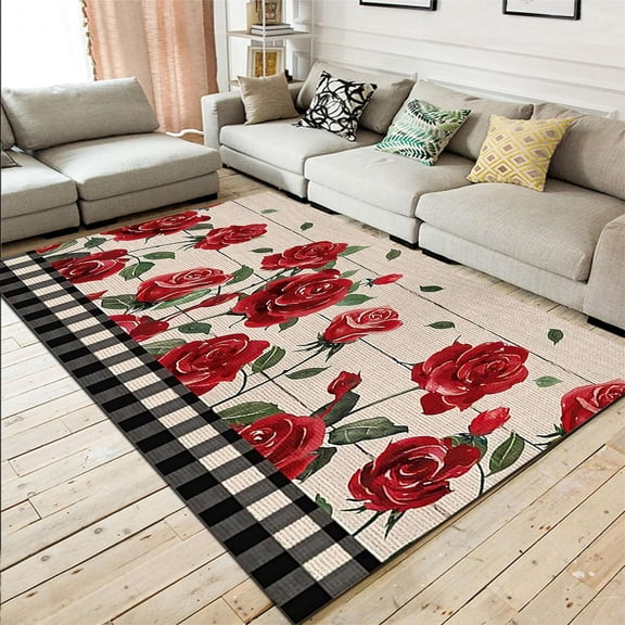 Rose Print Rug, 4x6ft, Romantic Valentine''s Day with Red Roses and Black White Checkerboard Print Carpet, Rustic Farmhouse Decorate Rug for Kitchen Bathroom Laundry Home Office Dorm Nursery
