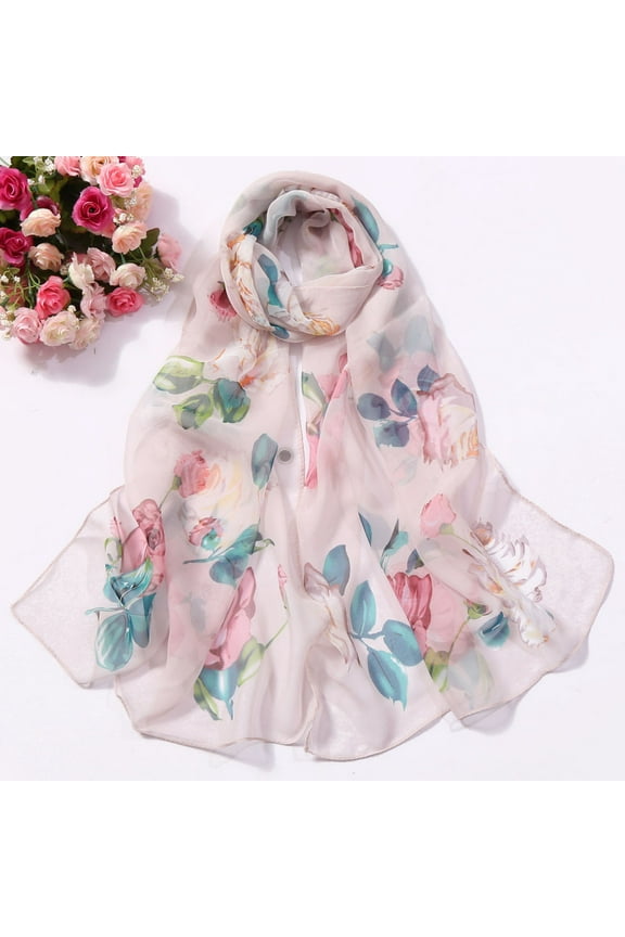 Rose Print Silk-like Scarf Women's Fashionable Long Wrap Evening Shawl