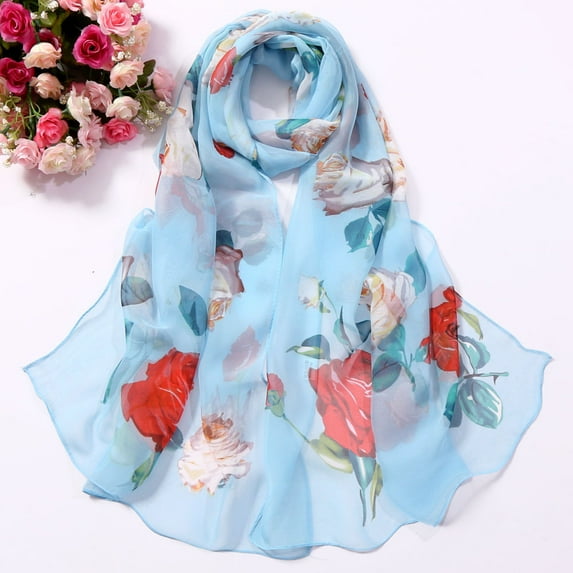 Rose Print Silk-like Scarf Women's Fashionable Long Wrap Evening Shawl