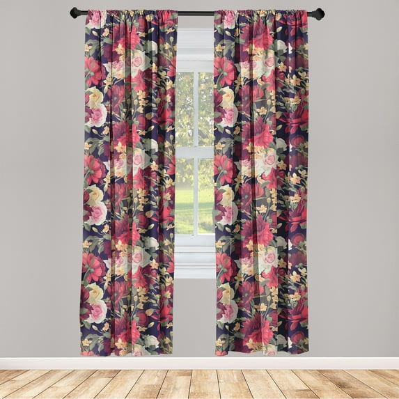 Rose Print Window Curtains, Delicate Aura of Garden Scene Flowers Vintage Pattern Cottagecore, Lightweight Decor 2-Panel Set with Rod Pocket, Pair of - 28"x63", Dark Coral Mustard Rose, by Ambesonne