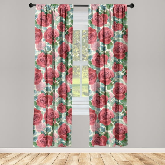 Rose Print Window Curtains, Watercolor Themed Romantic Garden of Blooming Petals and Leaves, Lightweight Decor 2-Panel Set with Rod Pocket, Pair of - 28"x95", Dark Pink Green and Blue, by Ambesonne