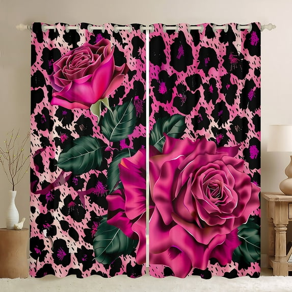 Rose Purple Floral 30%-50% Blackout Curtains Leopard Print Curtains Animal Leopard Bedroom Curtains Nature Farm Flowers Window Curtains Western Decor Curtains for Cowboys Cowgirls,38"Wx45"L