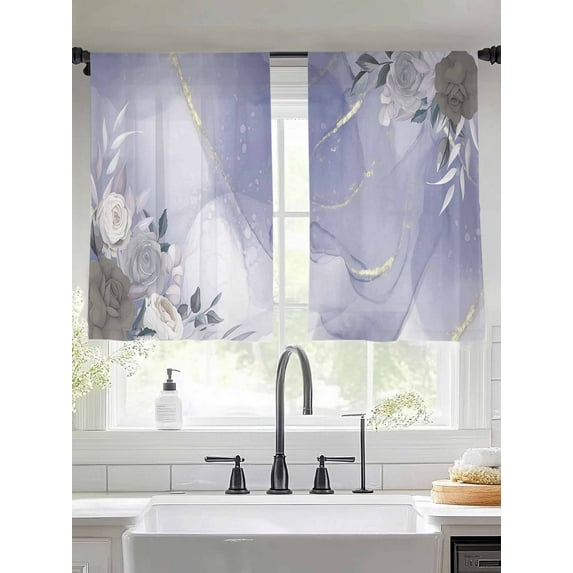 Rose Purple Flower Sheer Curtains 54 Inches Long 2 Panels Spring Marble Texture Light Filtering Semi Sheer Window Curtains Drapes for Bedroom Living Room 52"x54" 2 Panels