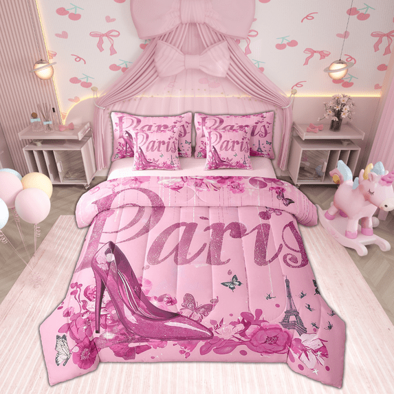 Rose Purple High Heel Bed In A Bag Twin Size 7 Piece, Flowers Butterfly Bedding Comforter Sets Eiffel Tower Paris Style Bed Set Fantasy Glitter Romantic Themed Sheet Set Princess Bedroom Decor