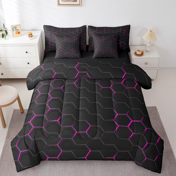 Rose Purple Honeycomb Print Bed in a Bag 7 Pcs,Geometric Bed Set Beehive Geometrical Bedding Comforter Sheet Set Modern Abstract Cushiom Covers Black Reticulated Plaid Fitted Sheet Full