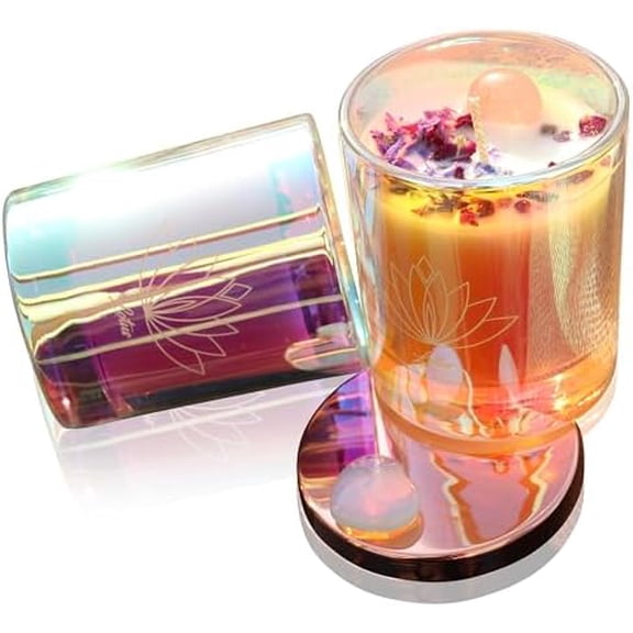 Rose Quartz & Amethyst Crystal Infused Candle - 9oz, 100% Natural Soy Wax, Pink Champagne Scent, Rose & Forget-me-not Flower Petals, 52 Hours Burn Time, Aromatherapy Healing Gemstones