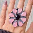 thumbnail image 1 of Rose Quartz And Black onyx Statement Handcrafted Ring. made In 925 Sterling Silver. Boho Ring, Two Stone Ring, Boho Jewelry Gift For Her,..., 1 of 3