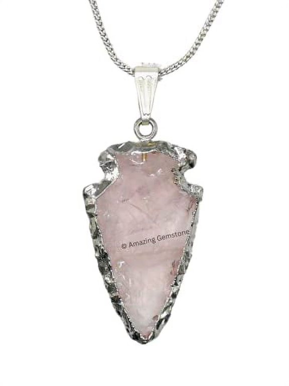 Rose Quartz Arrowhead Necklace for Men Women (Silver Edged)