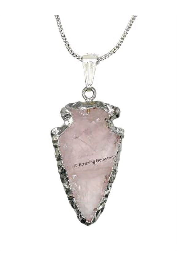 Rose Quartz Arrowhead Necklace for Men Women (Silver Edged)