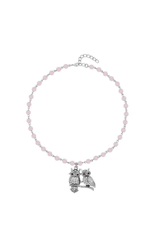 Rose Quartz Black Crystal Beads Mix Silvertone Owl Couple Necklace for Women Jewelry for Women Size 18-20" Ct 75.44 Birthday Christmas Gifts