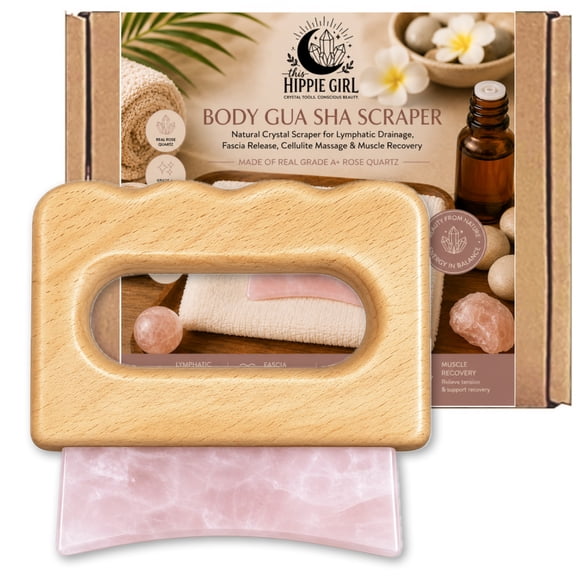 Rose Quartz Body Gua Sha Tool with Wooden Handle Natural Crystal Scraper for Lymphatic Drainage, Fascia Release, Cellulite Massage & Muscle Recovery