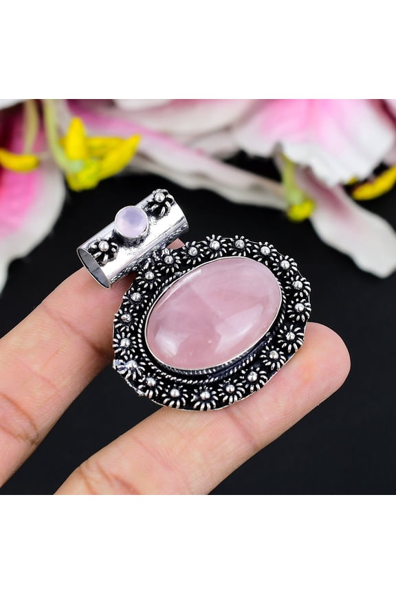 Rose Quartz, Chalcedony Gemstone 925 Sterling Silver Jewelry Pendant 1.81"