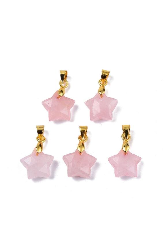 Rose Quartz Charms with Golden Plated Brass Findings Faceted Star Star: 12x12.5x5.5mm Hole: 3.5x4mm