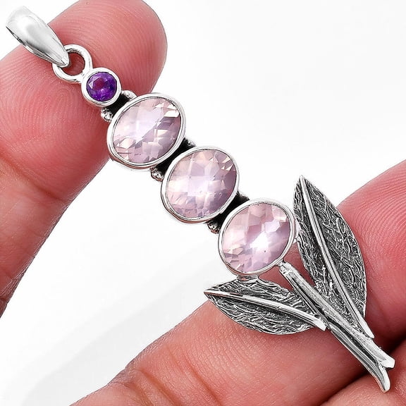 Rose Quartz Checker & Amethyst 925 Sterling Silver Pendant Jewelry DGP1014_G P-1128