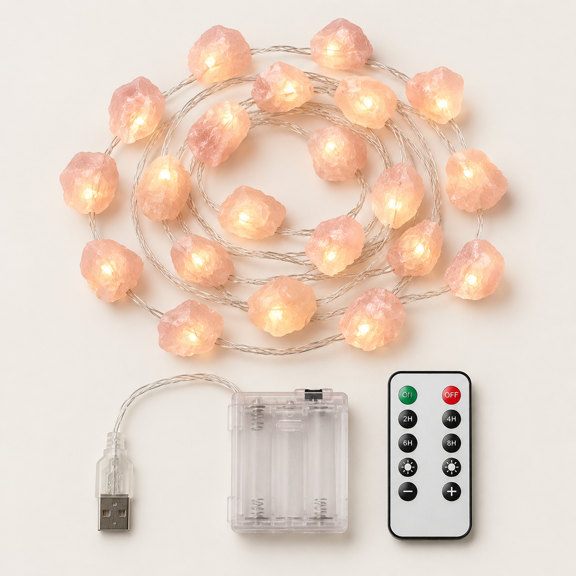Rose Quartz Crystal Decorative String Lights Raw Stone Color Changing 8.5ft 20 LEDs USB Plug in Battery Operated with Remote for Bedroom Chakra Dcor Nature Ornaments Nightlight Wedding Dcor
