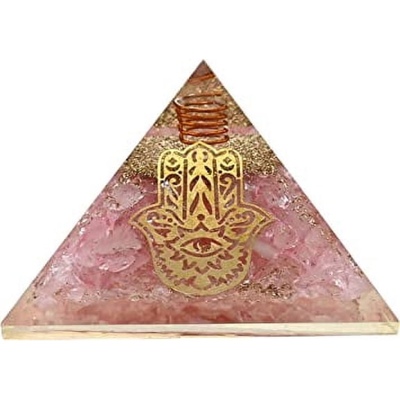 Rose Quartz Crystal Orgone Pyramid, Organite Pyramid Hamsa Hand Evil Eye - Big